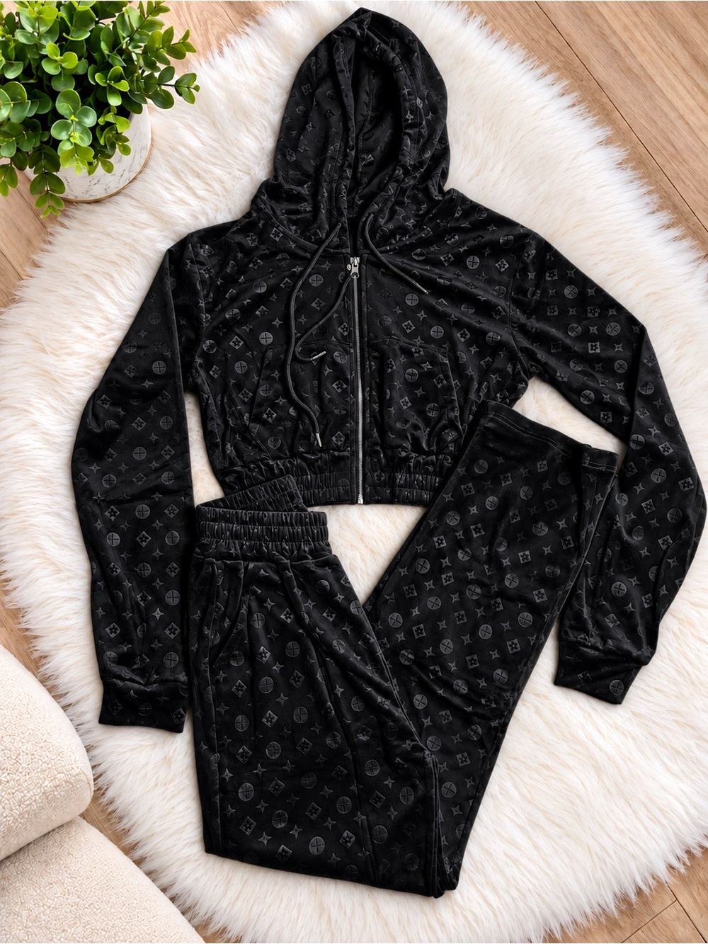 Black Velvet Hooded Zip Crop Jacket & Jogger Set - Women Intimates & Sleepwear